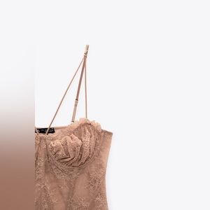 Zara | Tops | Zara Nude Lace Ruched Bust Ruffle Trim Strappy Semisheer
